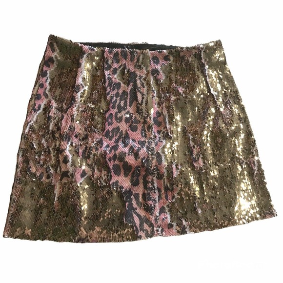 Free People One Sequined Cheetah print Mini Pencil Skirt Two Tone Pink Gold 00 - Picture 7 of 13